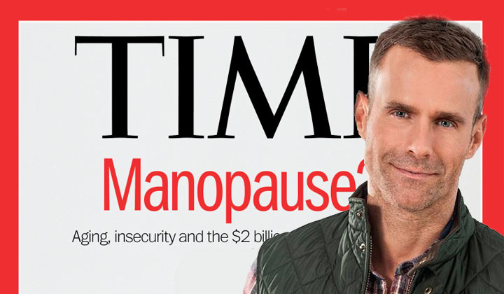 All My Children's Cameron Mathison in front of a Time magazine cover with the title Manopause