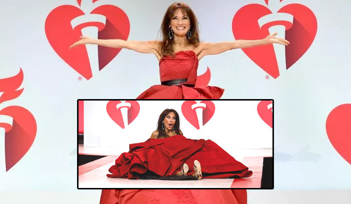 AMC's Susan Lucci falls while walking the runway at an American Heart Association event
