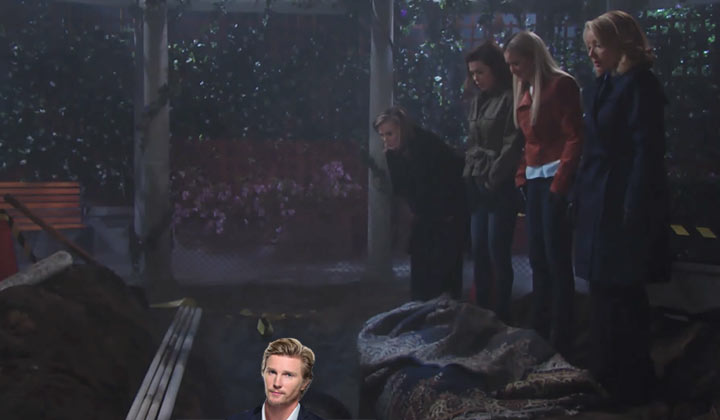 Phyllis, Sharon, Victoria, and Nikki stand over J.T.'s makeshift grave